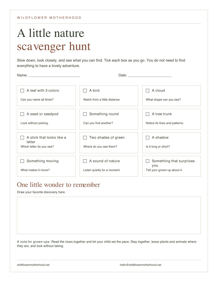 Preview of the printable scavenger hunt with twelve checkboxes and space to draw